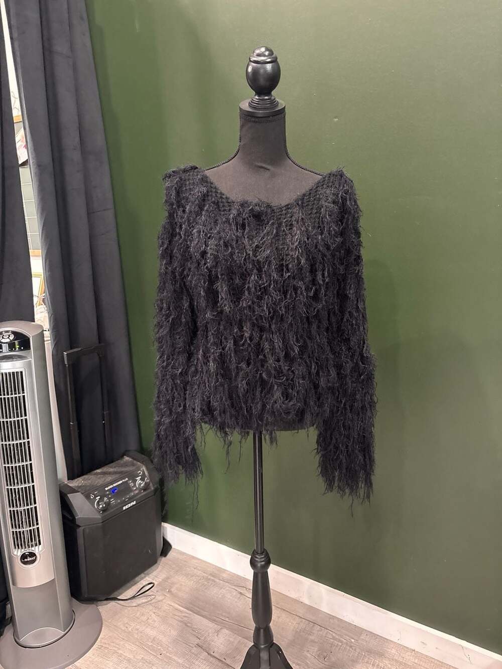Line + Dot Black Shaggy Fringe Eyelash Knit Sweater, One Size